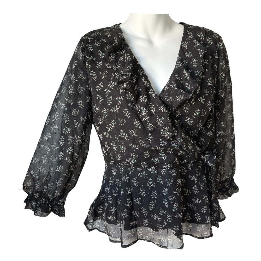 Black Floral Ruffle Wrap Blouse Womens Small Peplum Whimsigoth Romantic Office